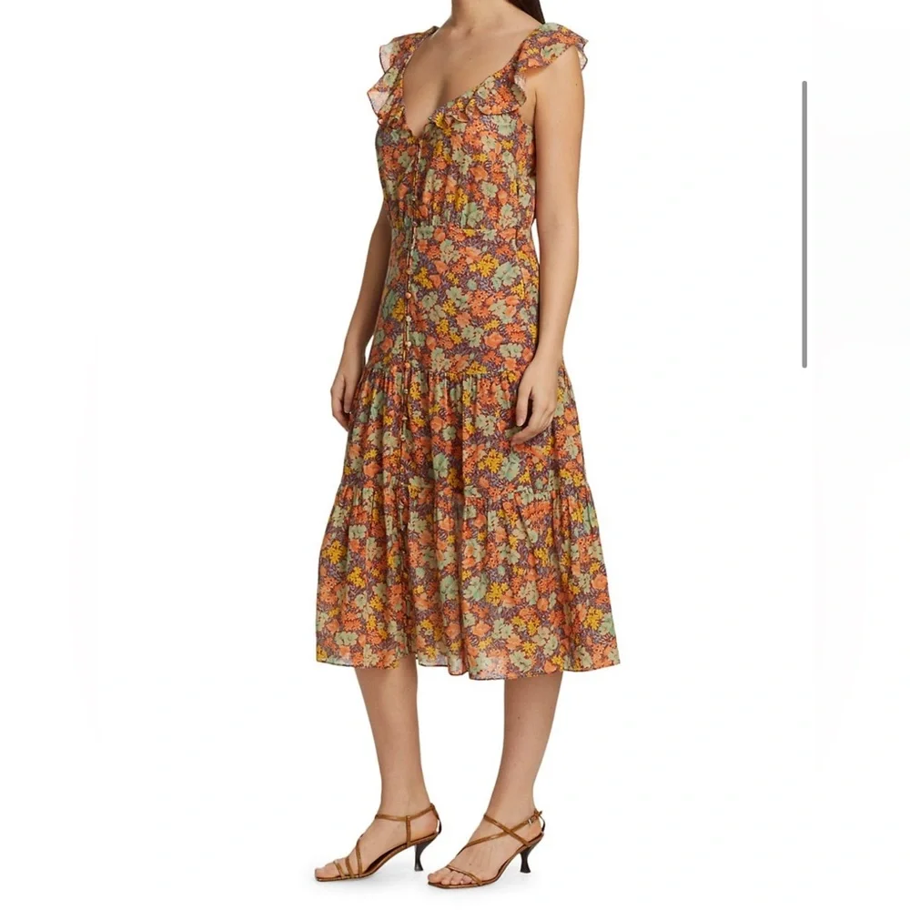 Veronica Beard Malgosia Floral-Print Button-Front‎ Ruffle cottage Midi Dress